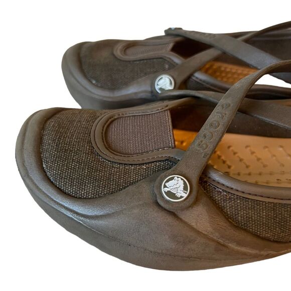CROCS CELESTE Mary Jane Size 7 Brown Criss Cross Strap Mary Jane Slip On Shoes - Picture 7 of 14